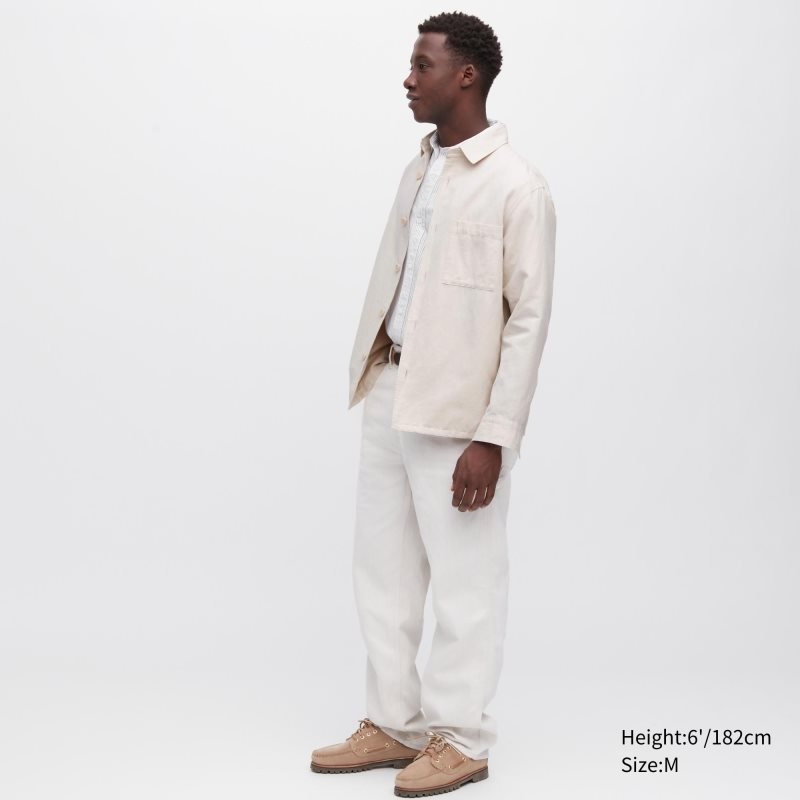 Men Uniqlo Cotton Linen Over Shirt Jackets Beige | 3918569