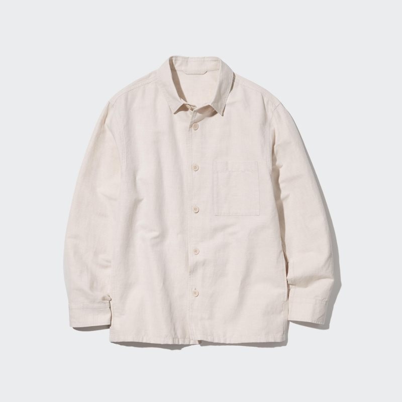 Men Uniqlo Cotton Linen Over Shirt Jackets Beige | 3918569