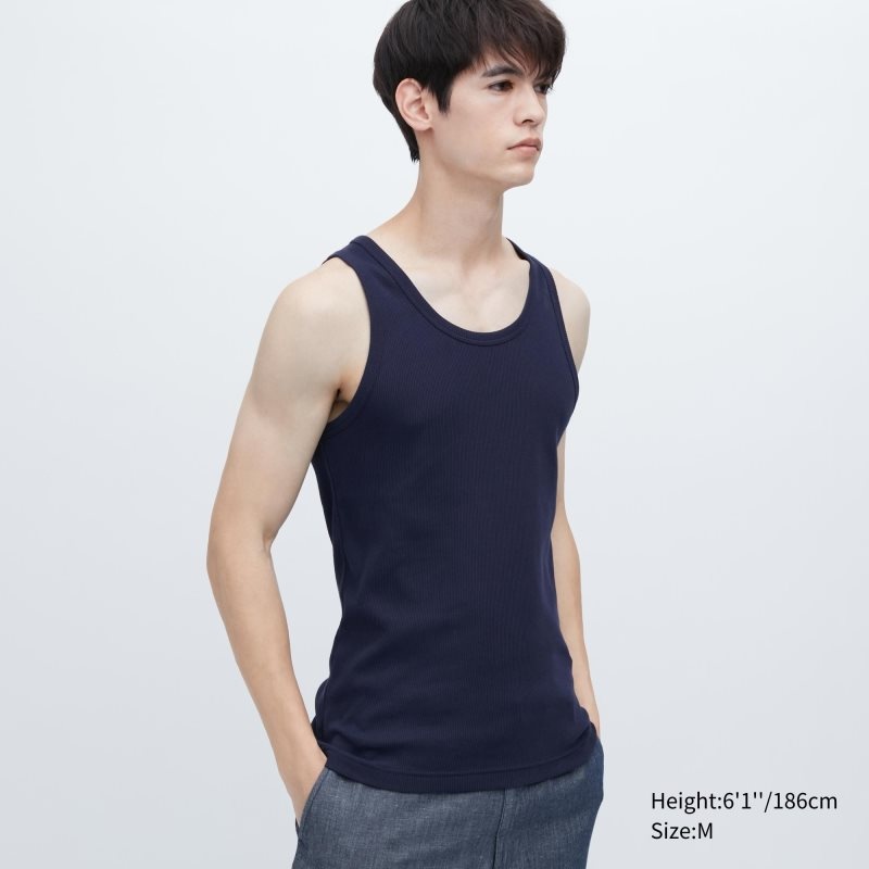 Men Uniqlo Dry Color Ribbed Tank Top Navy | 7519292