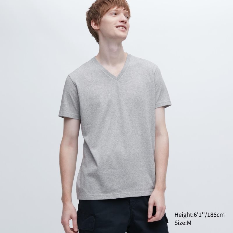 Men Uniqlo Dry Color V-Neck Short-Sleeve T Shirts Grey | 1927868