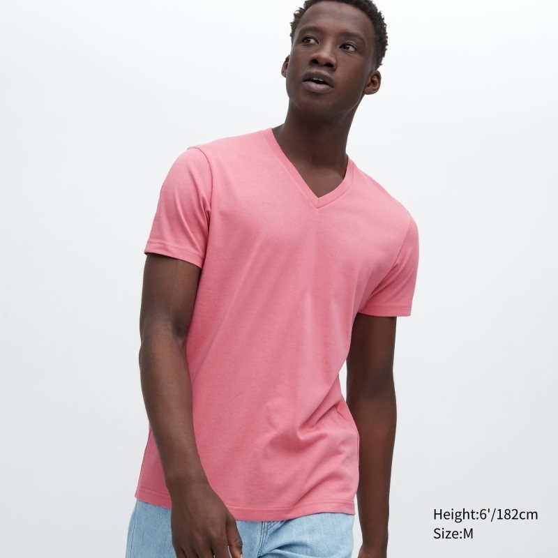 Men Uniqlo Dry Color V-Neck Short-Sleeve T Shirts Pink | 6033302