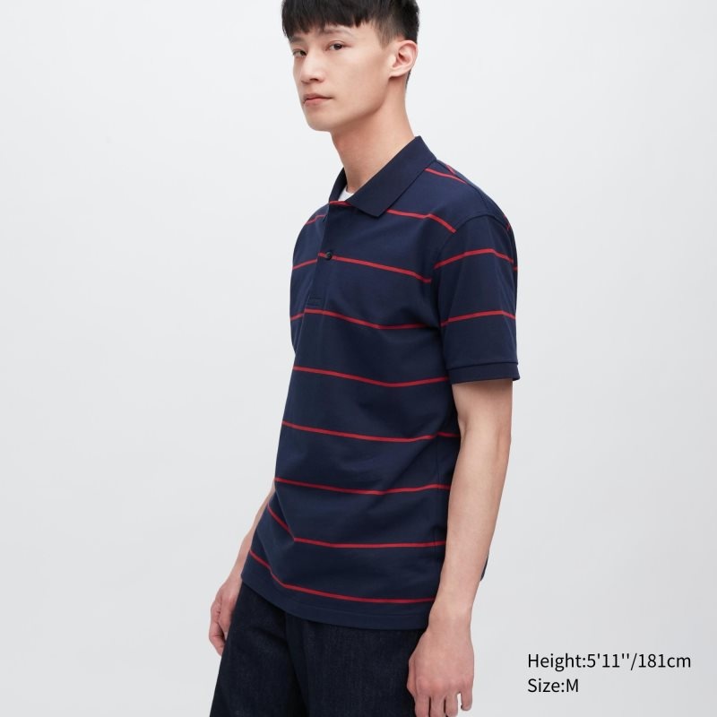 Men Uniqlo Dry Pique Striped Short-sleeve Polo Shirts Navy | 1914234