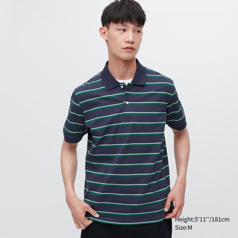 Men Uniqlo Dry Pique Striped Short-sleeve Polo Shirts Navy | 3603199