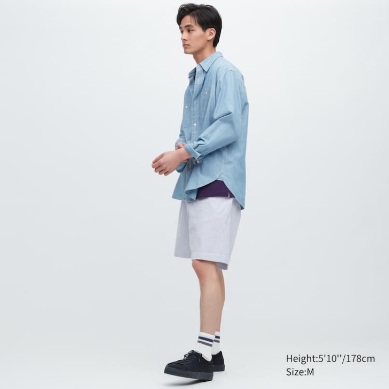 Men Uniqlo Dry Stretch Seersucker Easy Shorts Blue | 8297848