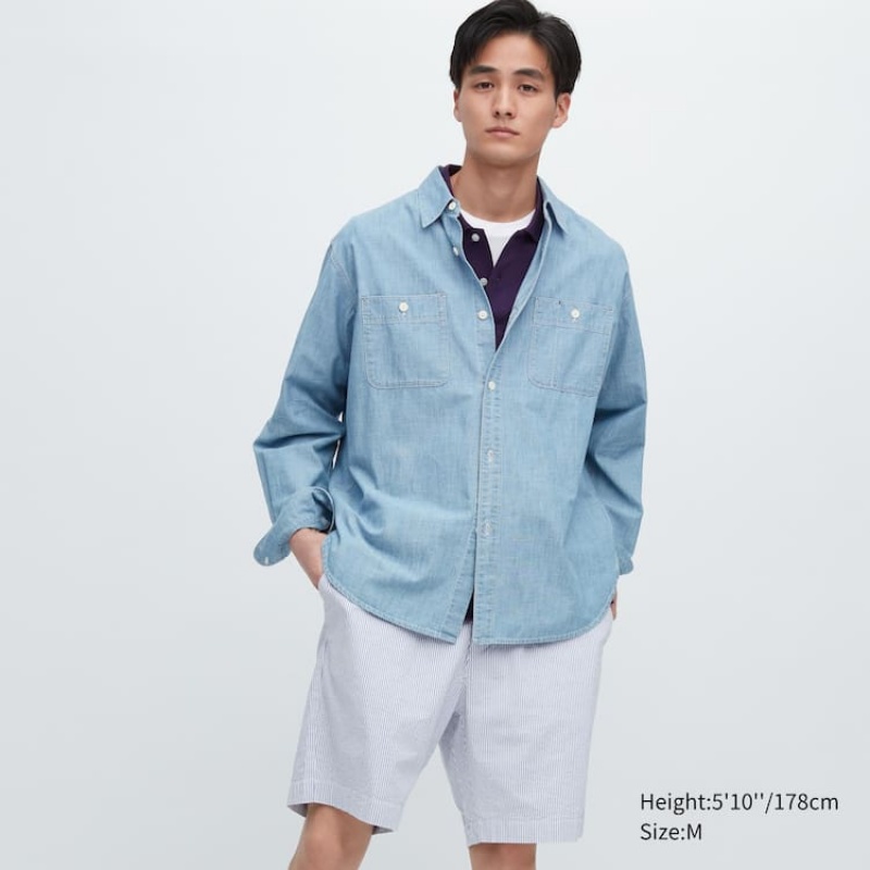 Men Uniqlo Dry Stretch Seersucker Easy Shorts Blue | 8297848