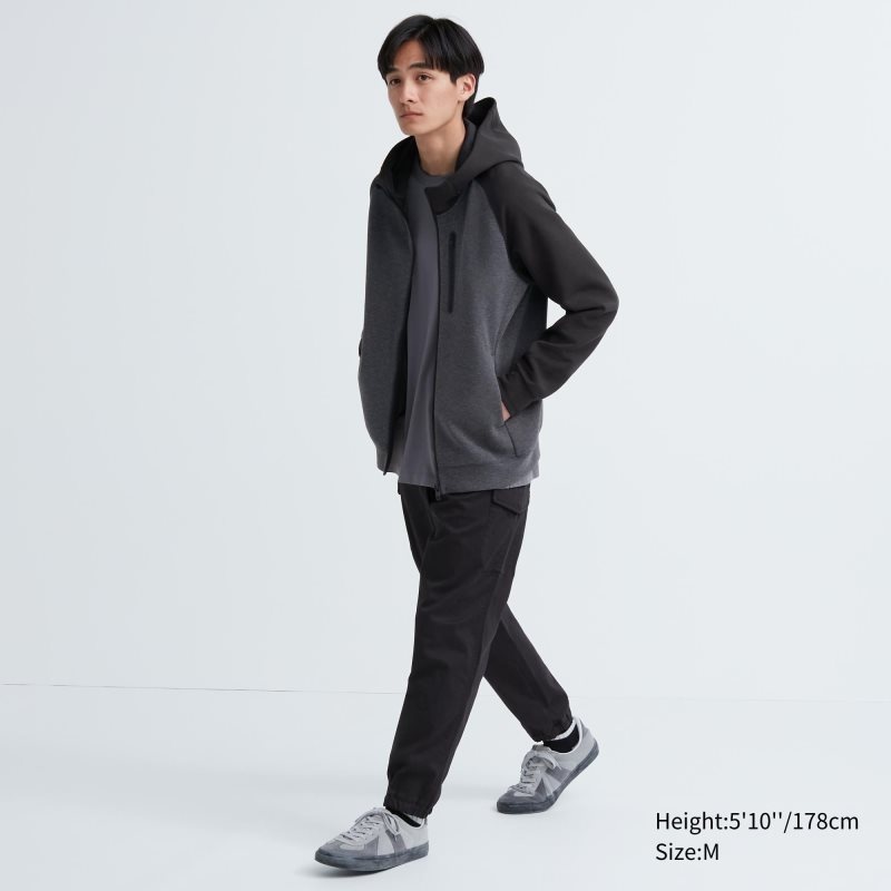 Men Uniqlo Dry Stretch Sweat Full-zip Color Block Hoodie Grey | 4810612