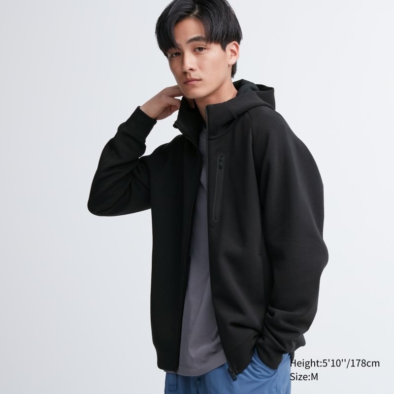 Men Uniqlo Dry Stretch Sweat Long-sleeve Full-zip Hoodie Black | 1035453