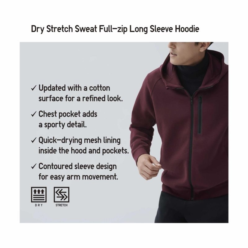 Men Uniqlo Dry Stretch Sweat Long-sleeve Full-zip Hoodie Burgundy | 8119061