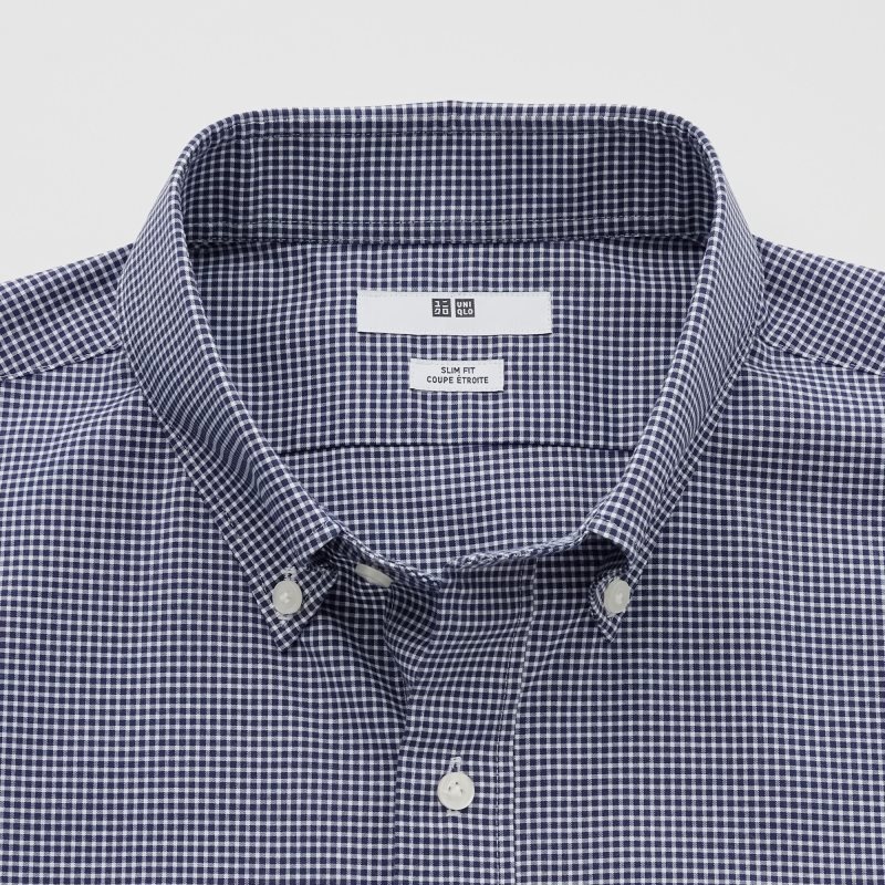 Men Uniqlo Easy Care Checked Stretch Slim-fit Long-sleeve Shirts Navy | 9558826