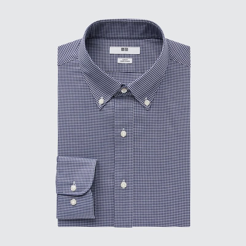 Men Uniqlo Easy Care Checked Stretch Slim-fit Long-sleeve Shirts Navy | 9558826