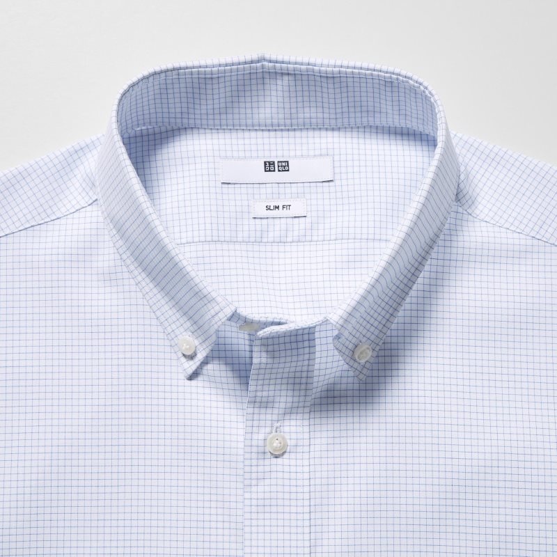 Men Uniqlo Easy Care Checked Stretch Slim-fit Long-sleeve Shirts Blue | 2886507