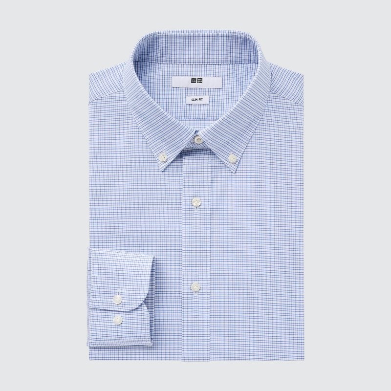 Men Uniqlo Easy Care Checked Stretch Slim-fit Long-sleeve Shirts Blue | 2636171