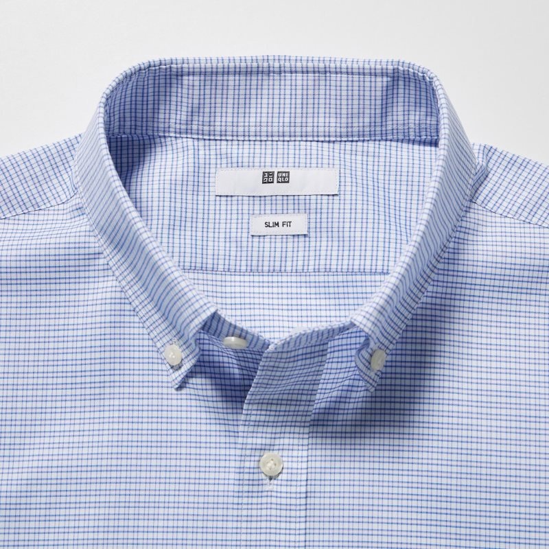 Men Uniqlo Easy Care Checked Stretch Slim-fit Long-sleeve Shirts Blue | 2636171