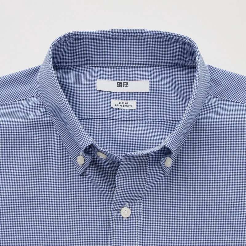 Men Uniqlo Easy Care Checked Stretch Slim-fit Long-sleeve Shirts Blue | 9599259