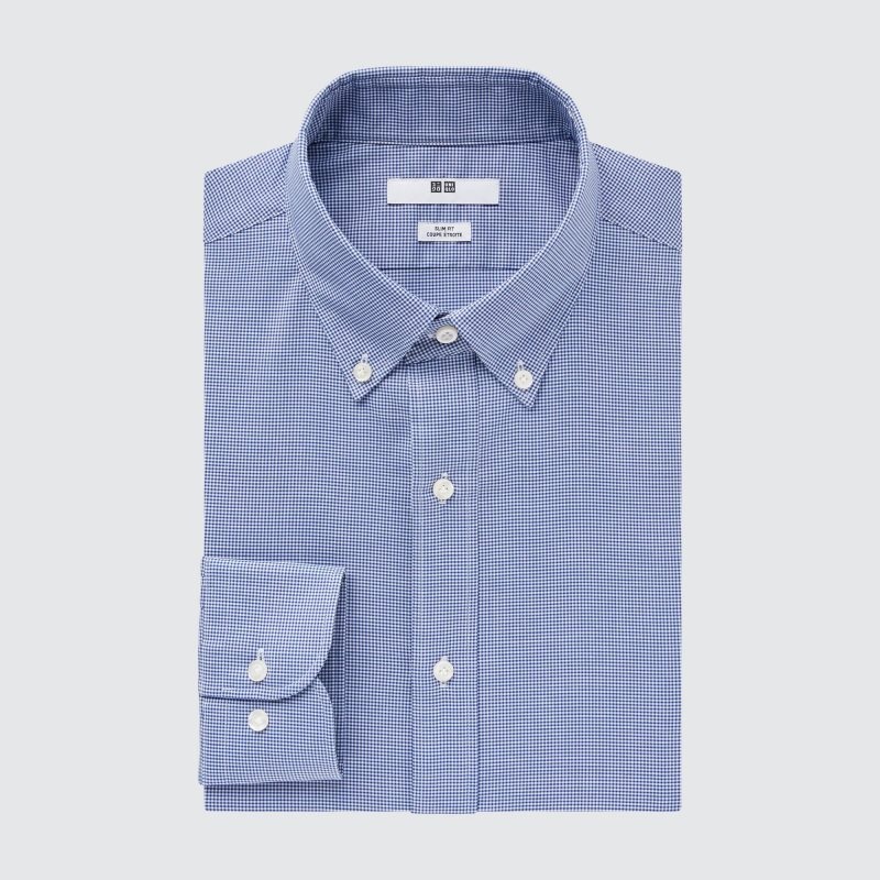 Men Uniqlo Easy Care Checked Stretch Slim-fit Long-sleeve Shirts Blue | 9599259