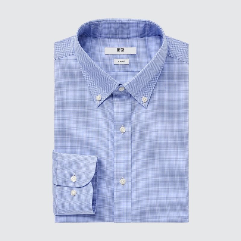 Men Uniqlo Easy Care Checked Stretch Slim-fit Long-sleeve Shirts Blue | 8457235
