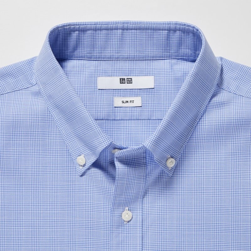 Men Uniqlo Easy Care Checked Stretch Slim-fit Long-sleeve Shirts Blue | 8457235