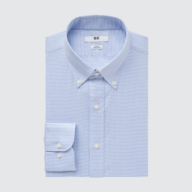 Men Uniqlo Easy Care Checked Stretch Slim-fit Long-sleeve Shirts Blue | 8110320