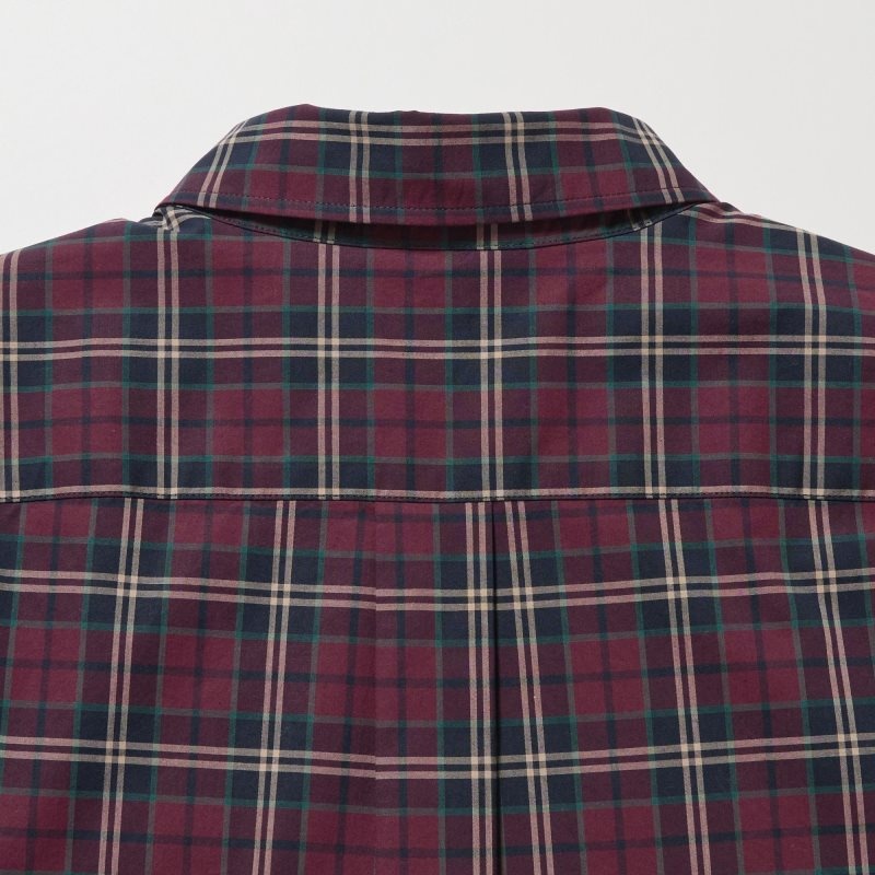Men Uniqlo Extra Fine Cotton Broadcloth Checked Long-sleeve Shirts Burgundy | 9310063