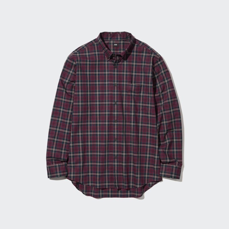 Men Uniqlo Extra Fine Cotton Broadcloth Checked Long-sleeve Shirts Burgundy | 9310063