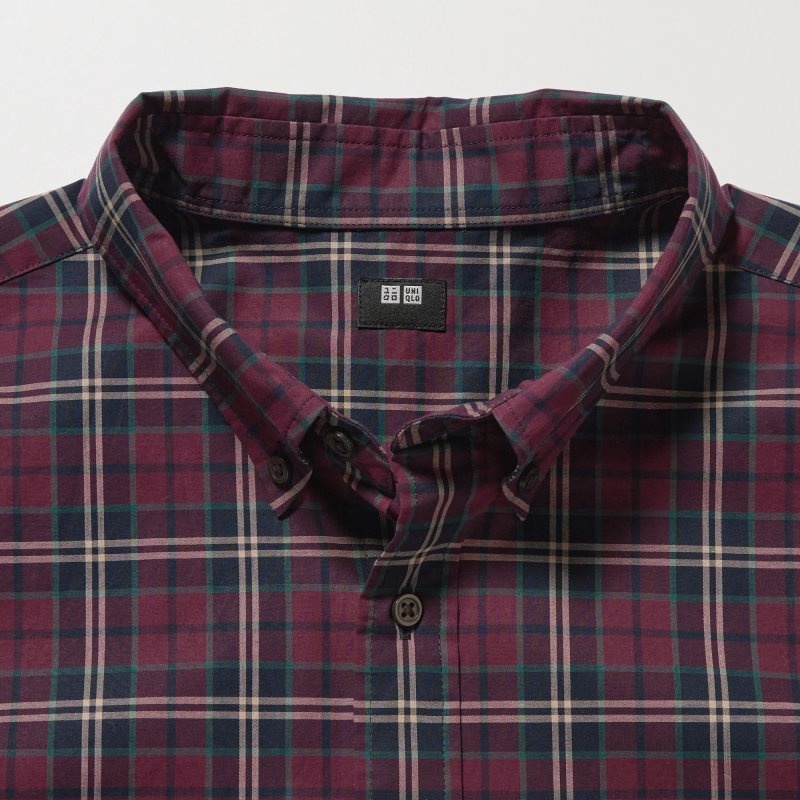 Men Uniqlo Extra Fine Cotton Broadcloth Checked Long-sleeve Shirts Burgundy | 9310063