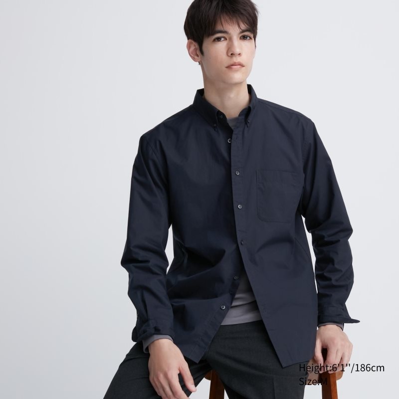 Men Uniqlo Extra Fine Cotton Broadcloth Long-sleeve Shirts Navy | 2057595