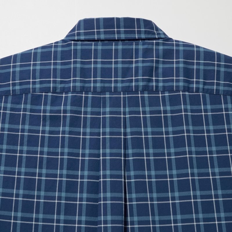 Men Uniqlo Extra Fine Cotton Broadcloth Checked Long-sleeve Shirts Navy | 2952488