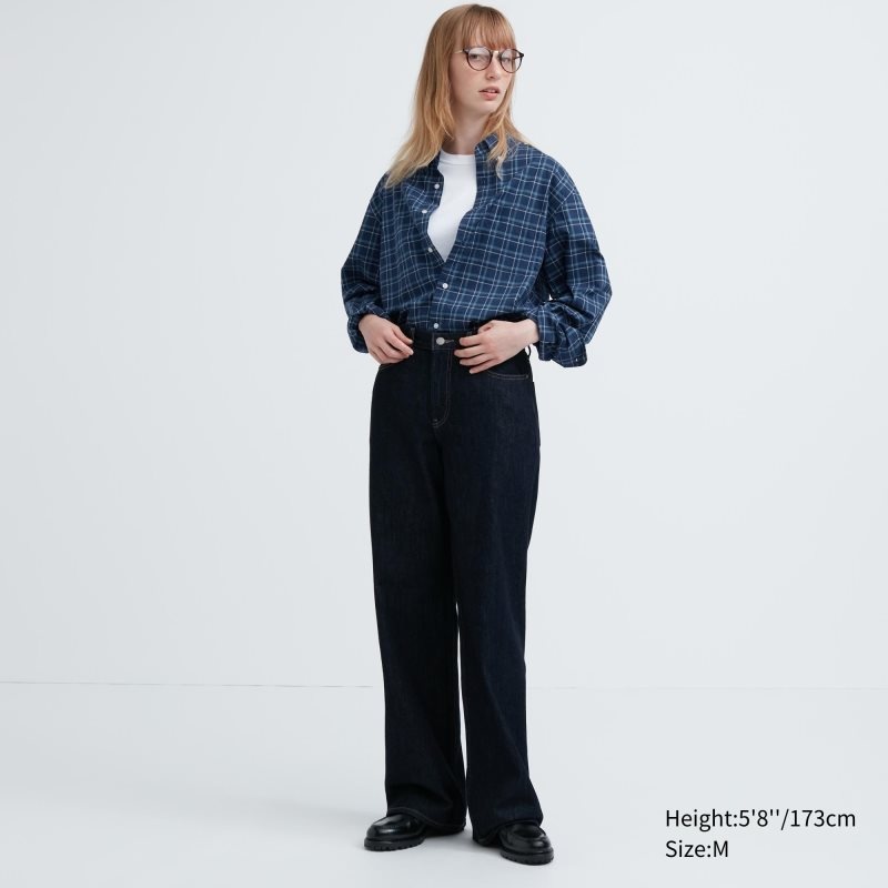 Men Uniqlo Extra Fine Cotton Broadcloth Checked Long-sleeve Shirts Navy | 2952488