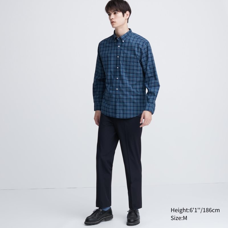 Men Uniqlo Extra Fine Cotton Broadcloth Checked Long-sleeve Shirts Navy | 2952488