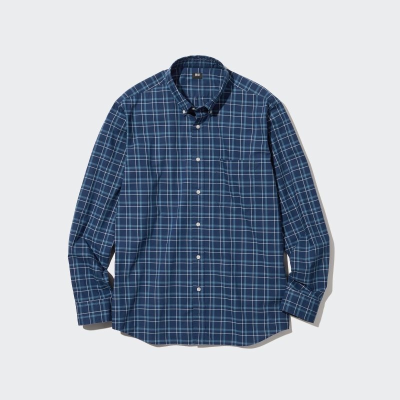 Men Uniqlo Extra Fine Cotton Broadcloth Checked Long-sleeve Shirts Navy | 2952488