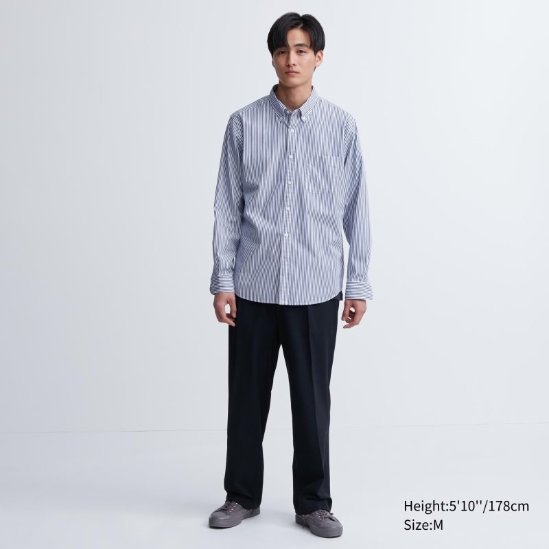 Men Uniqlo Extra Fine Cotton Broadcloth Striped Long-sleeve Shirts Blue | 1285493