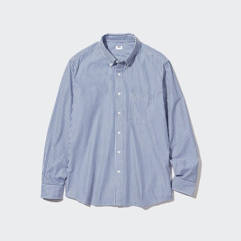 Men Uniqlo Extra Fine Cotton Broadcloth Striped Long-sleeve Shirts Blue | 1285493