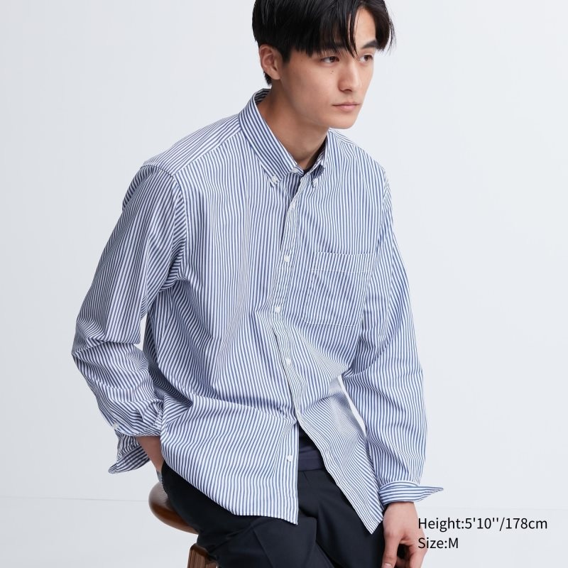 Men Uniqlo Extra Fine Cotton Broadcloth Striped Long-sleeve Shirts Blue | 1285493