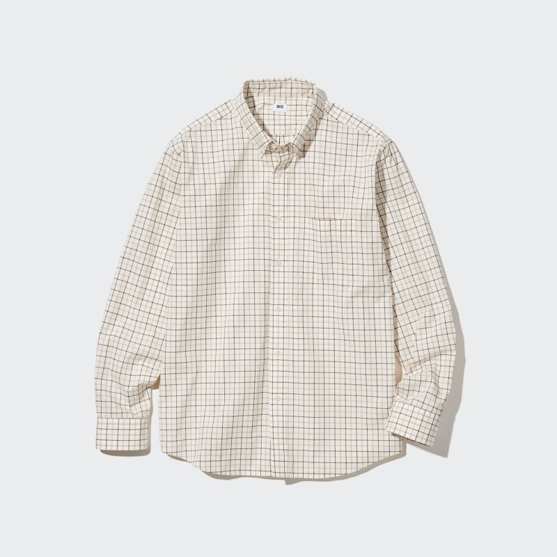 Men Uniqlo Extra Fine Cotton Broadcloth Checked Long-sleeve Shirts White | 6296546