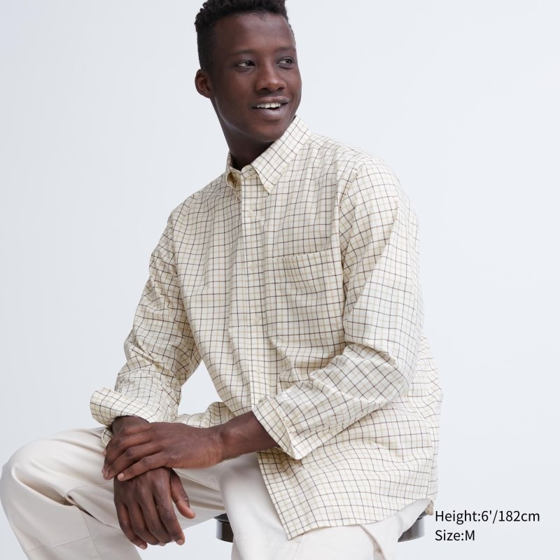 Men Uniqlo Extra Fine Cotton Broadcloth Checked Long-sleeve Shirts White | 6296546
