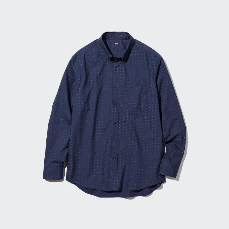 Men Uniqlo Extra Fine Cotton Broadcloth Dotted Long-sleeve Shirts Navy | 7578080