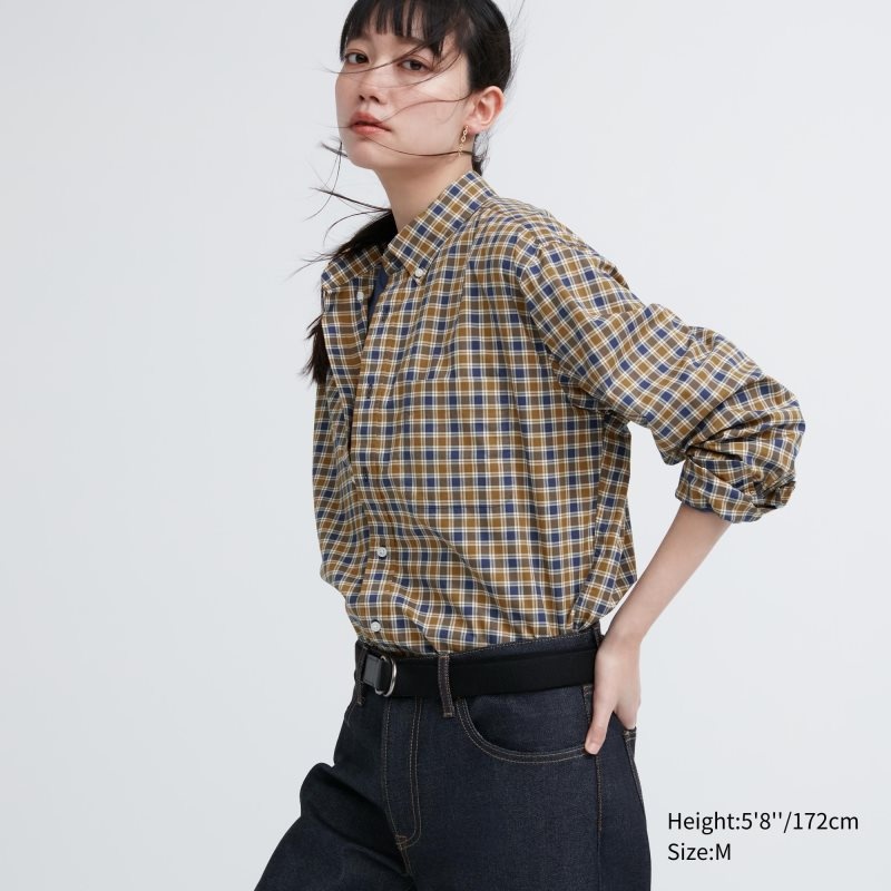 Men Uniqlo Extra Fine Cotton Broadcloth Checked Long-sleeve Shirts Yellow | 8133829