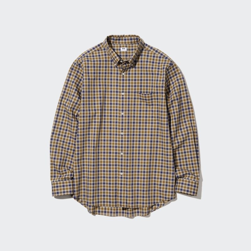Men Uniqlo Extra Fine Cotton Broadcloth Checked Long-sleeve Shirts Yellow | 8133829
