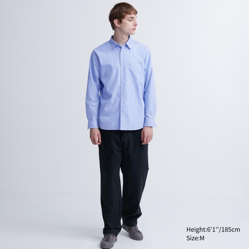 Men Uniqlo Extra Fine Cotton Broadcloth Striped Long-sleeve Shirts Blue | 5781818