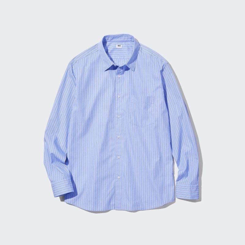 Men Uniqlo Extra Fine Cotton Broadcloth Striped Long-sleeve Shirts Blue | 5781818