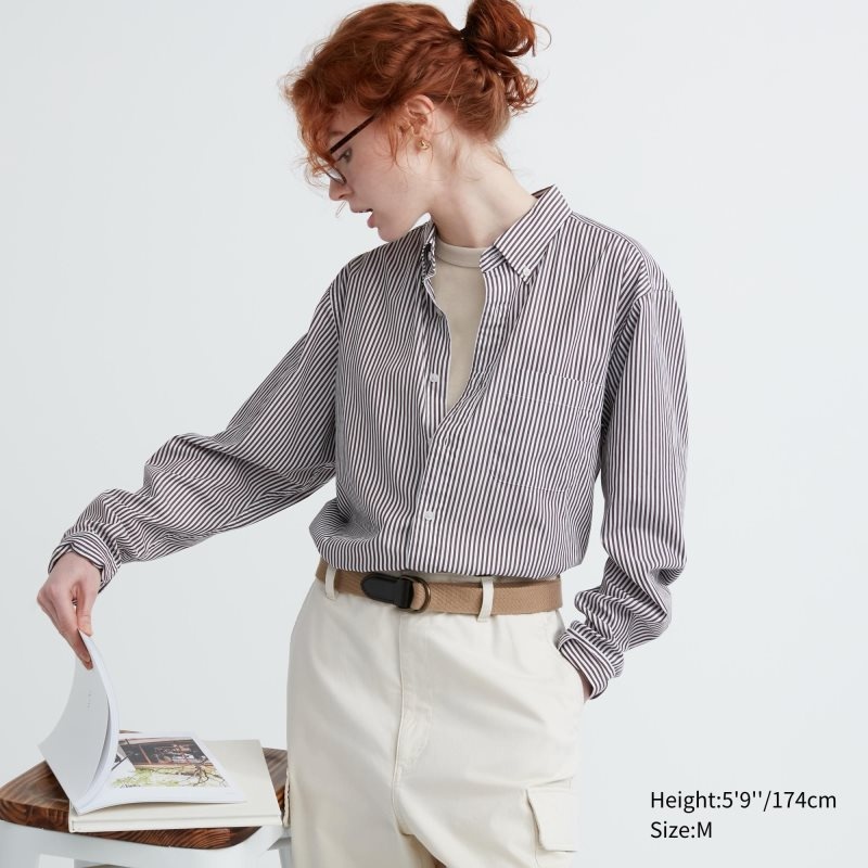 Men Uniqlo Extra Fine Cotton Broadcloth Striped Long-sleeve Shirts Brown | 2844733