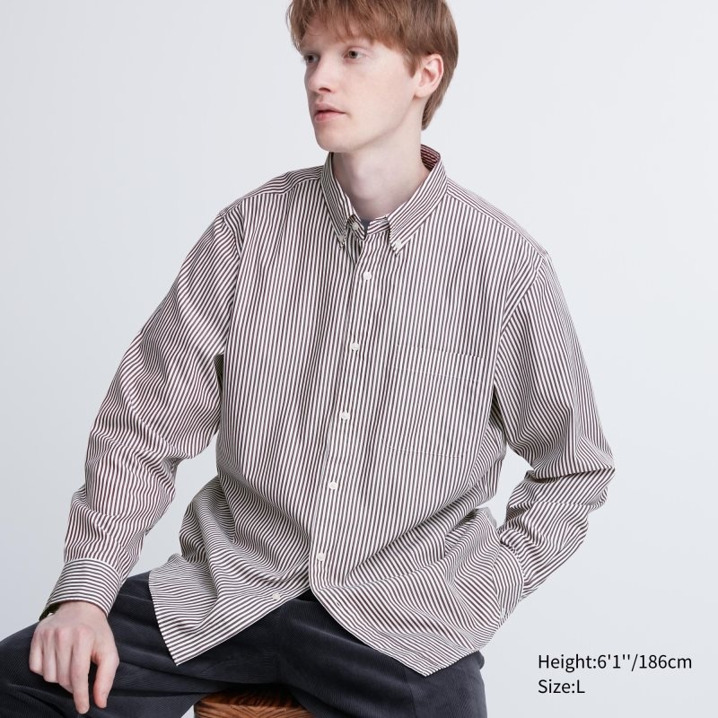 Men Uniqlo Extra Fine Cotton Broadcloth Striped Long-sleeve Shirts Brown | 2844733