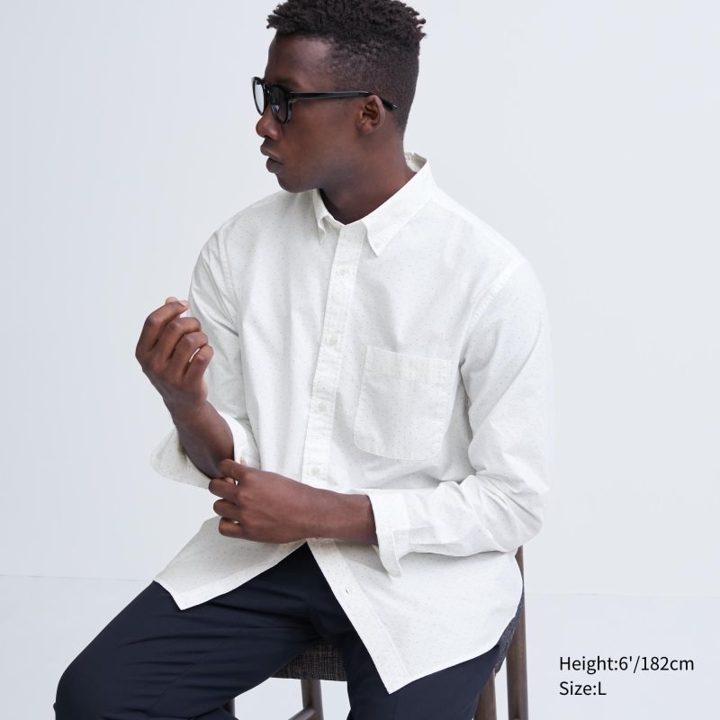 Men Uniqlo Extra Fine Cotton Broadcloth Dotted Long-sleeve Shirts White | 2588986