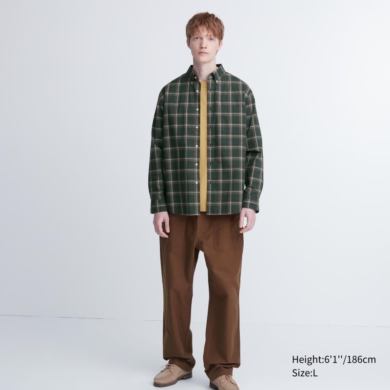 Men Uniqlo Extra Fine Cotton Broadcloth Checked Long-sleeve Shirts Olive | 6669856