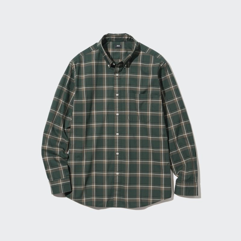 Men Uniqlo Extra Fine Cotton Broadcloth Checked Long-sleeve Shirts Olive | 6669856