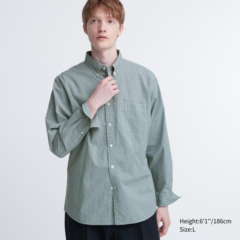 Men Uniqlo Extra Fine Cotton Broadcloth Checked Long-sleeve Shirts Green | 8833584