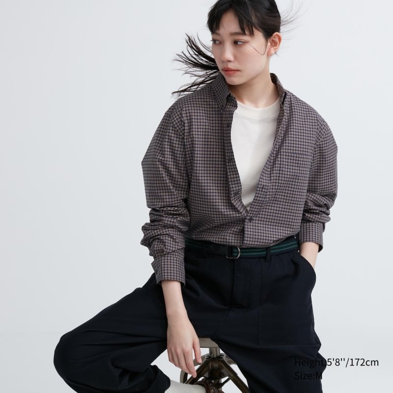 Men Uniqlo Extra Fine Cotton Broadcloth Checked Long-sleeve Shirts Brown | 5946019