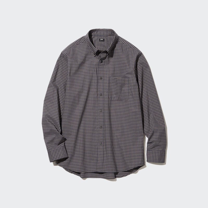 Men Uniqlo Extra Fine Cotton Broadcloth Checked Long-sleeve Shirts Brown | 5946019