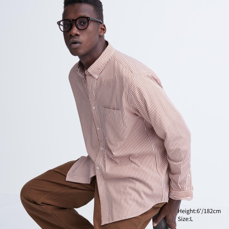 Men Uniqlo Extra Fine Cotton Broadcloth Striped Long-sleeve Shirts Orange | 1950235