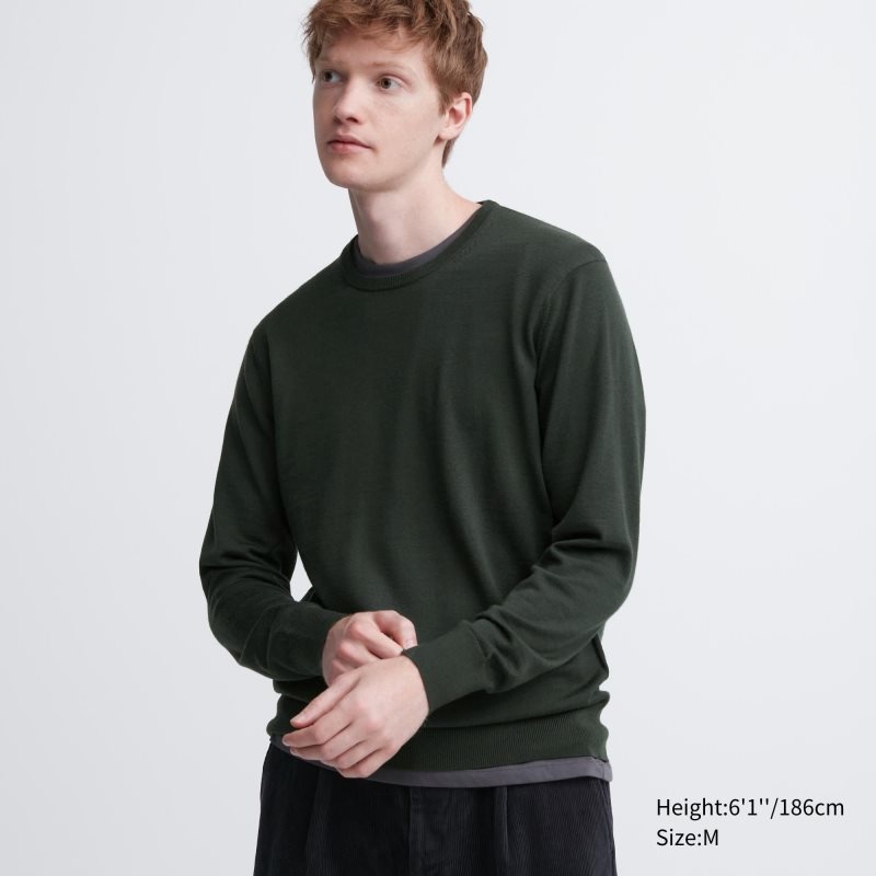Men Uniqlo Extra Fine Merino Crew Neck Sweaters Olive | 8050527